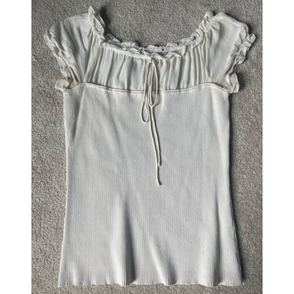 White Cream Ribbed Y2K Short Sleeve Shirt with Bow and Sheer Ruffles